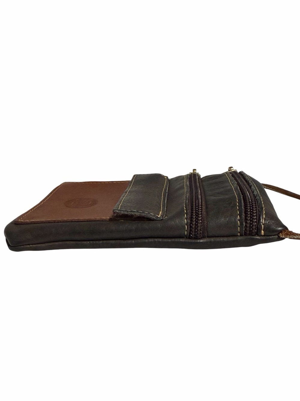 Vintage 90’s Roots Leather Hanging Pouch Crossbody in Green & Brown - Picture 7 of 13